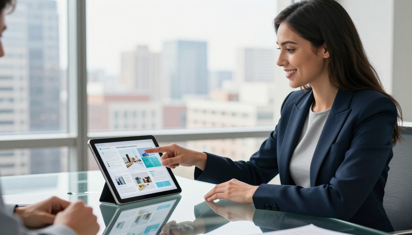 Businesswoman presenting digital flipbook catalog on tablet to colleague in meeting room Businesswoman presenting digital flipbook catalog on tablet to colleague in meeting room