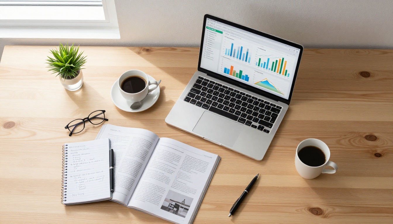 Aerial flat-lay of styled desk workspace with analytics dashboard on laptop screen Aerial flat-lay of styled desk workspace with analytics dashboard on laptop screen