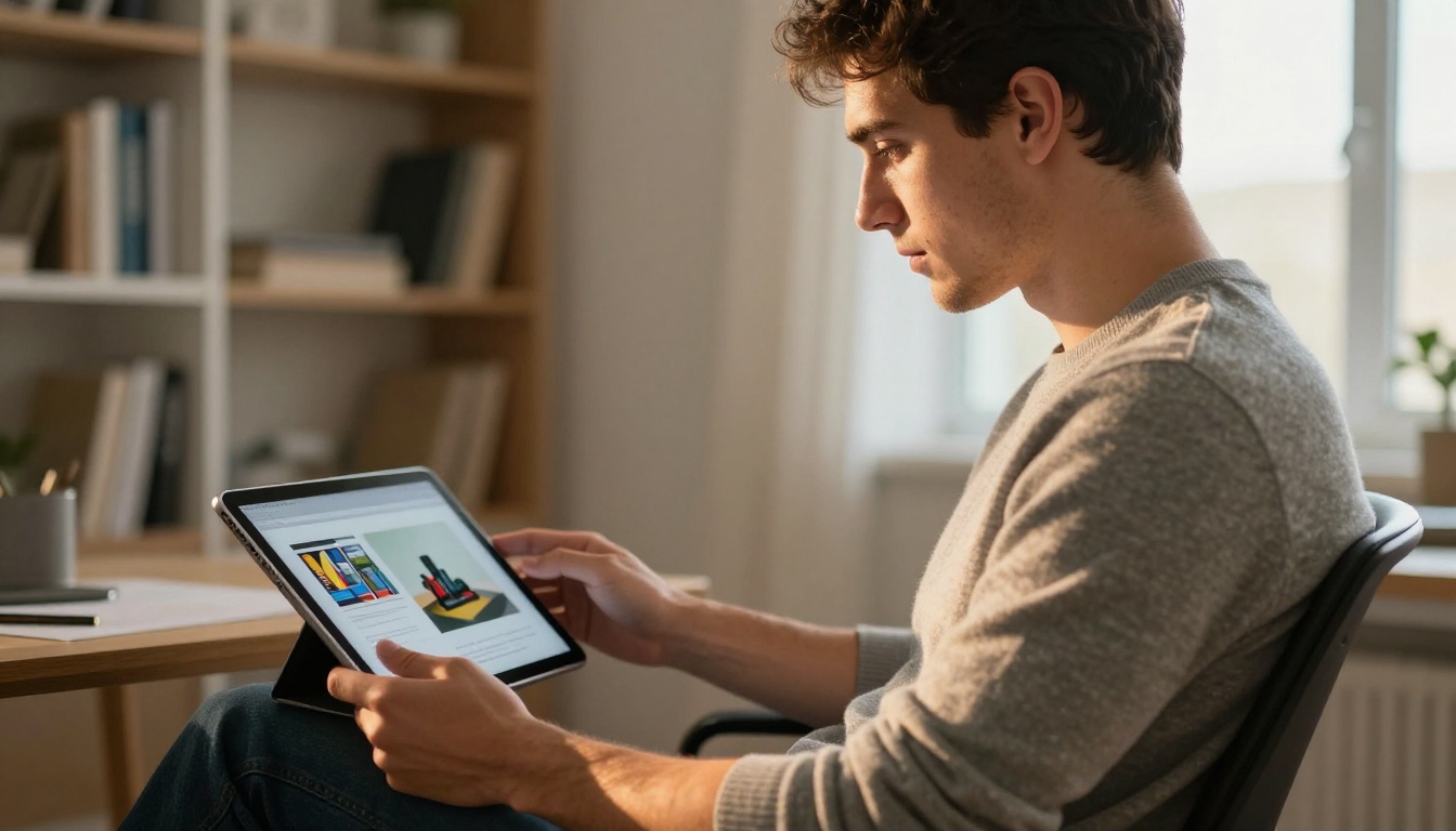 Young professional man reviewing digital flipbook on tablet in bright home office Young professional man reviewing digital flipbook on tablet in bright home office