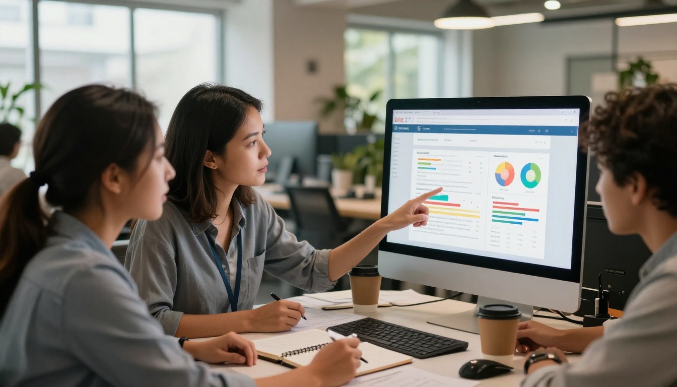 Marketing team of three reviewing analytics report together on shared desktop monitor Marketing team of three reviewing analytics report together on shared desktop monitor
