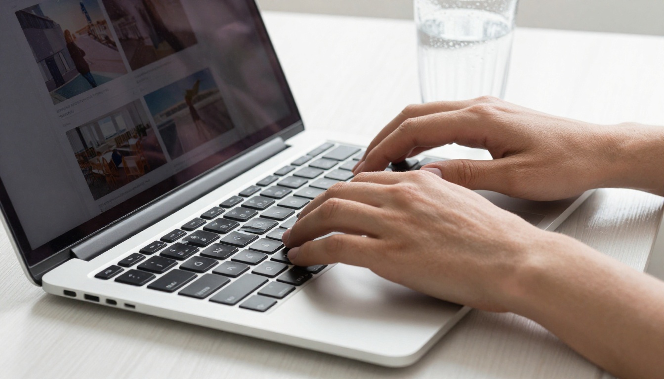 Close-up of hands typing on slim laptop with digital flipbook interface reflected in screen Close-up of hands typing on slim laptop with digital flipbook interface reflected in screen