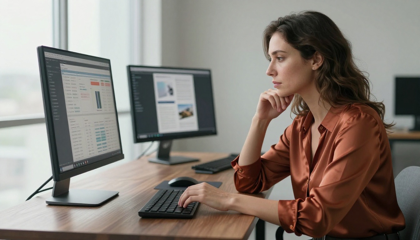 Professional woman analyzing analytics data on large monitor in minimalist office setting Professional woman analyzing analytics data on large monitor in minimalist office setting
