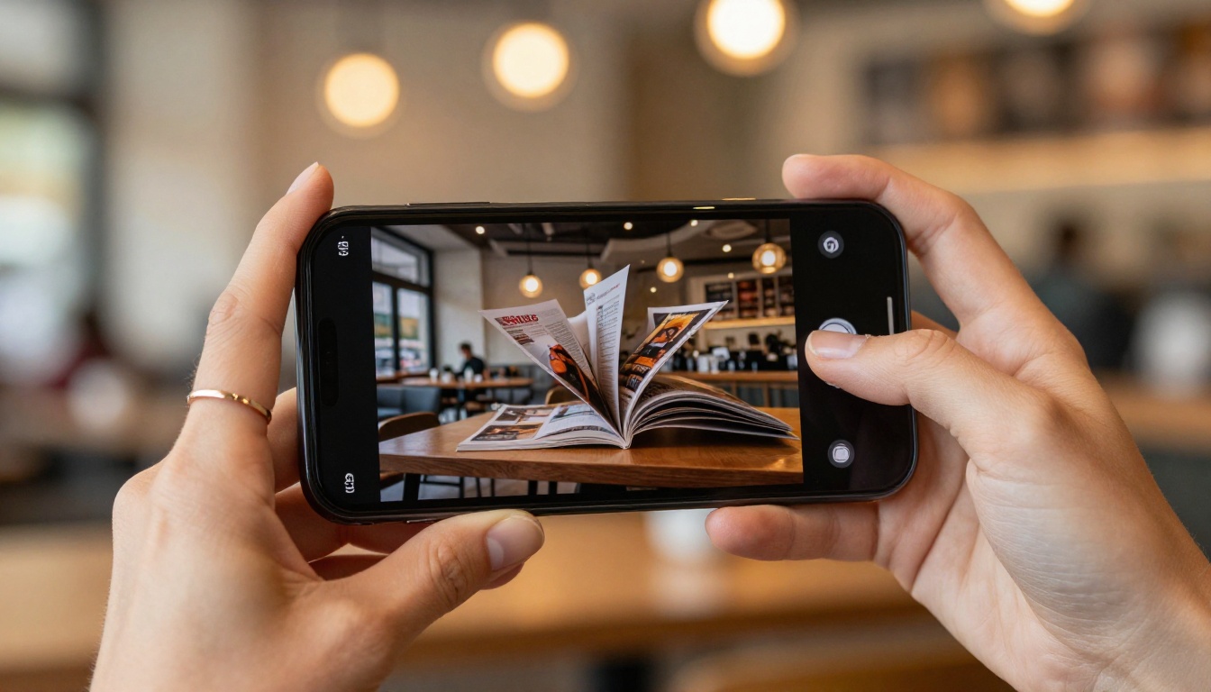 Woman's hand holding modern smartphone displaying page-turning flipbook in warm cafe setting Woman's hand holding modern smartphone displaying page-turning flipbook in warm cafe setting