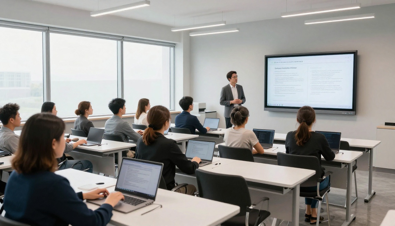 Bright modern training room with instructor presenting digital flipbook on large wall screen Bright modern training room with instructor presenting digital flipbook on large wall screen