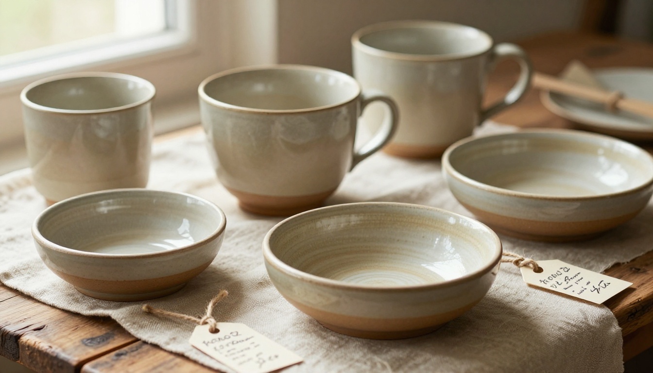 Handmade ceramic mugs and bowls with earth-tone glazes arranged on natural linen with handwritten price tags