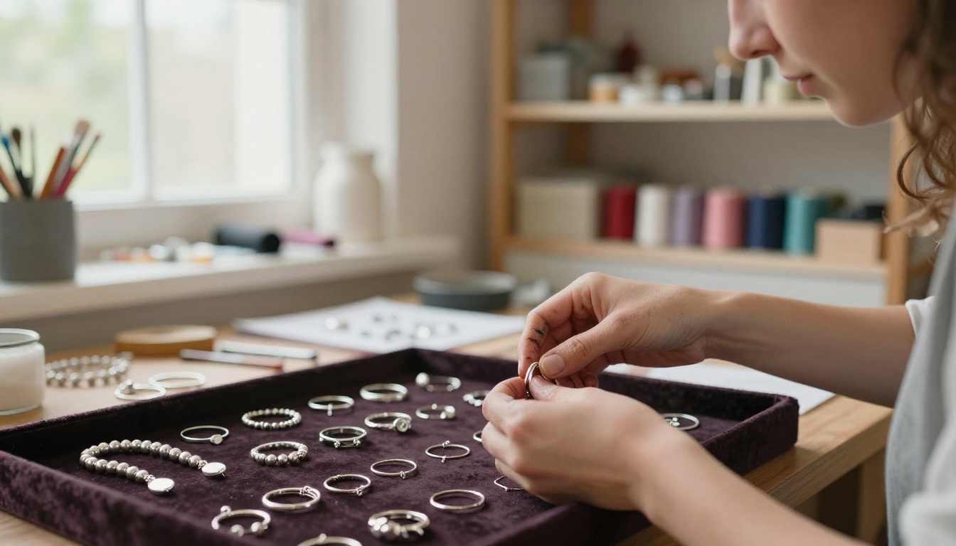 Artisan woman with paint-stained hands arranging handmade silver wire rings on a dark velvet jewelry tray