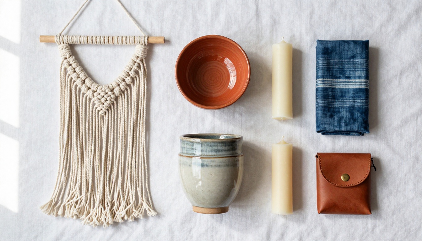 Flat lay aerial view of handmade macrame, ceramic bowl, beeswax candles, and indigo scarf on white linen