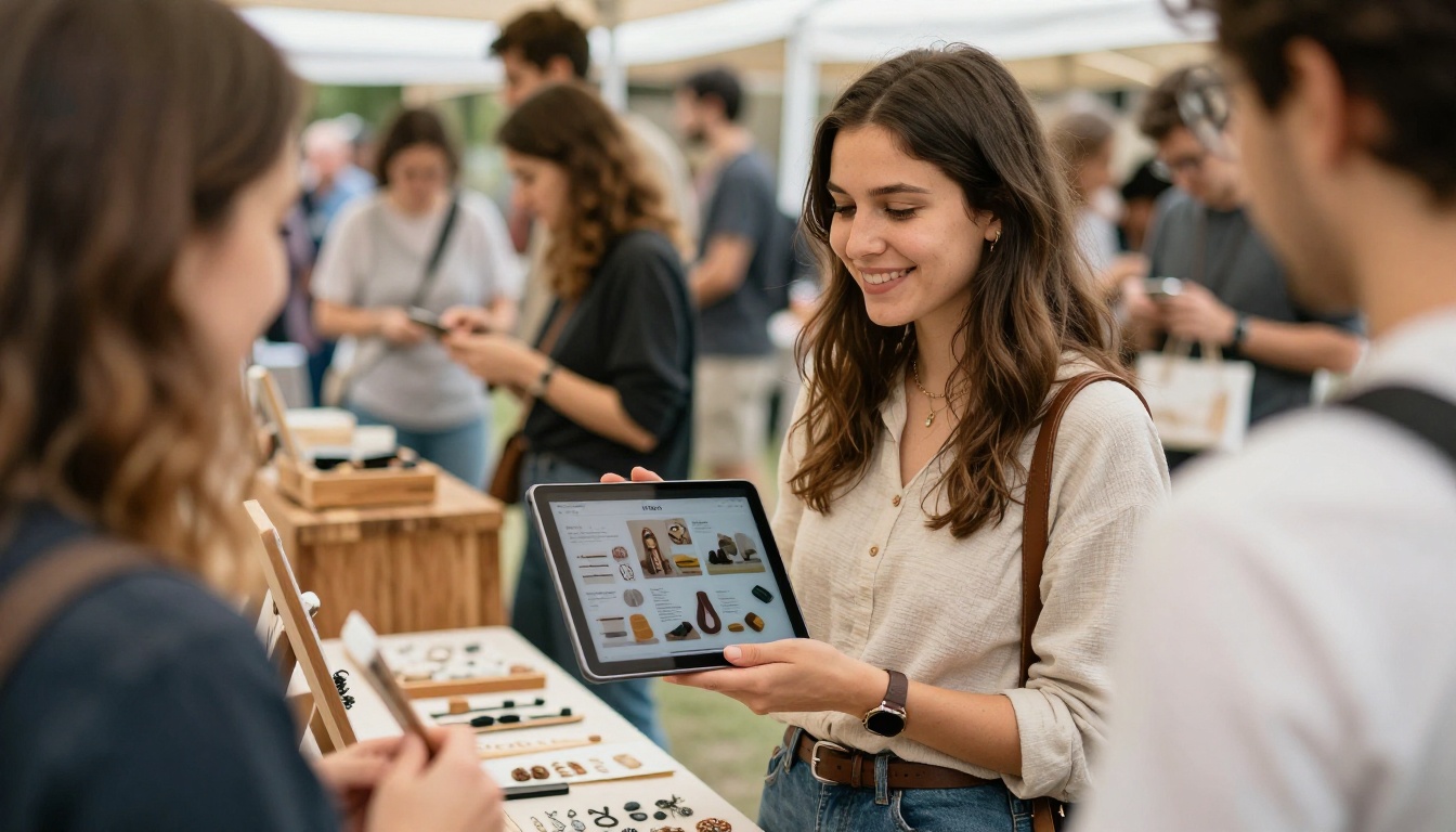 Young artisan woman at an outdoor craft market holding a tablet showing a digital flipbook catalog