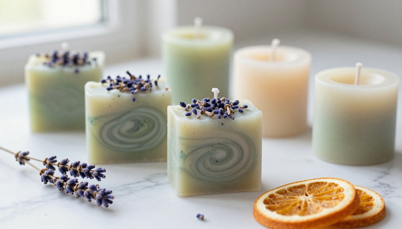 Artisan handmade soap bars and beeswax candles on white marble with lavender and dried orange slice props
