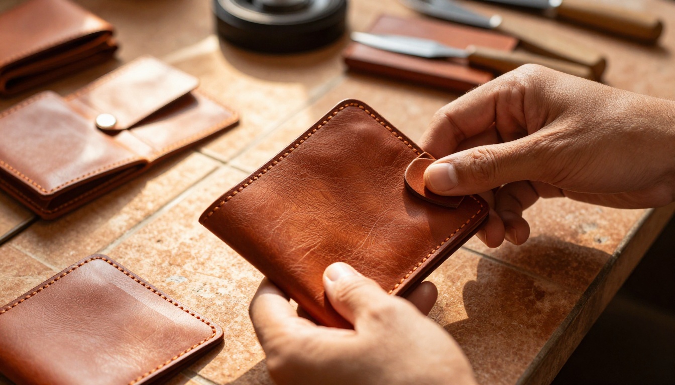 Close-up of artisan hands photographing russet leather wallets and card holders in golden afternoon light