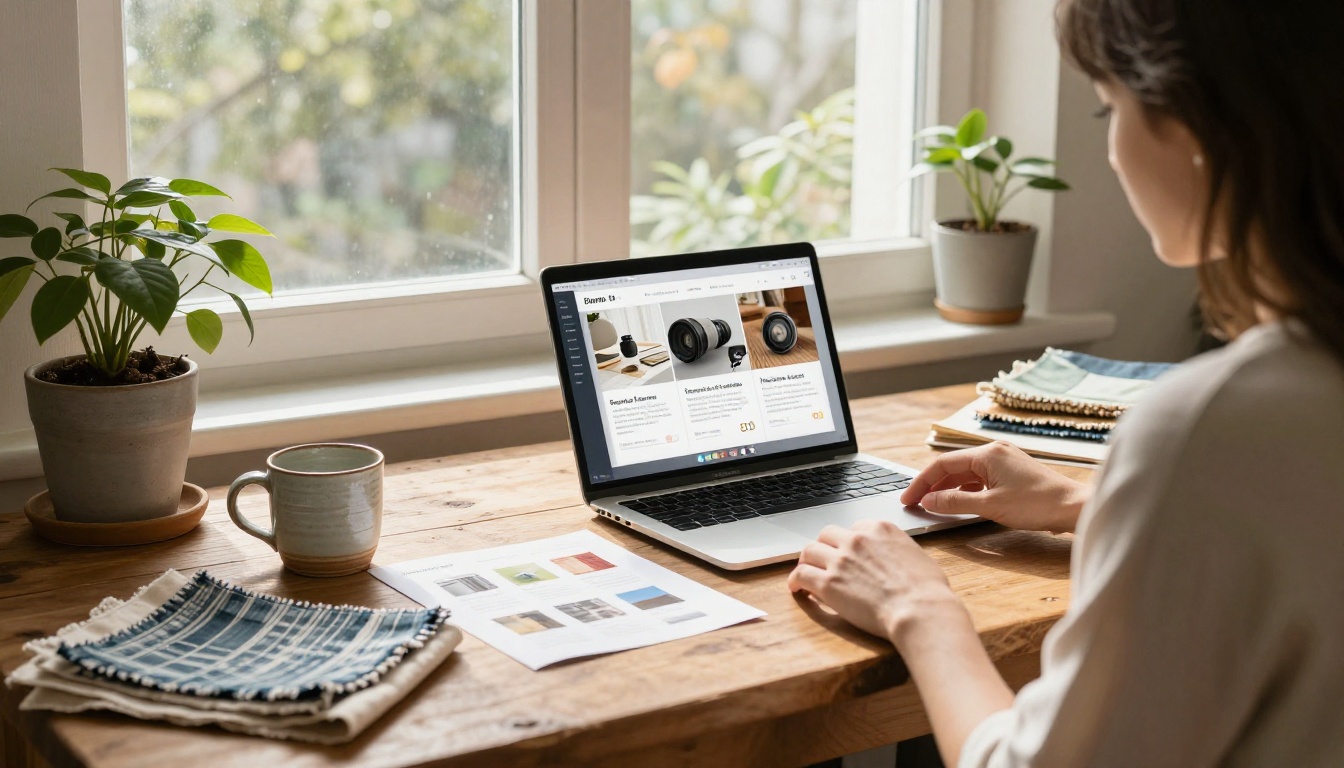 Small business owner reviewing a printed catalog alongside a laptop showing a digital flipbook version