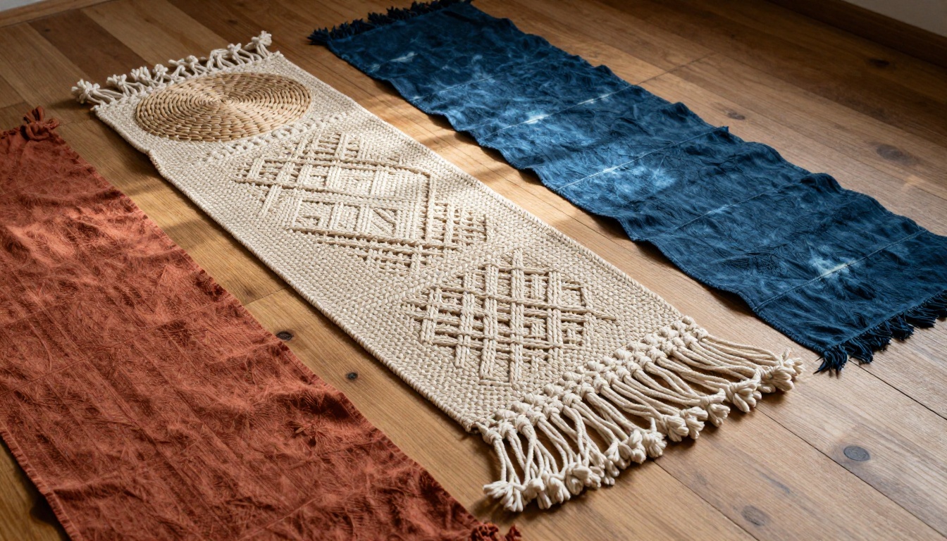 Hand-woven basket, macrame runner, and natural plant-dyed fabric swatches photographed from low angle on bleached wood