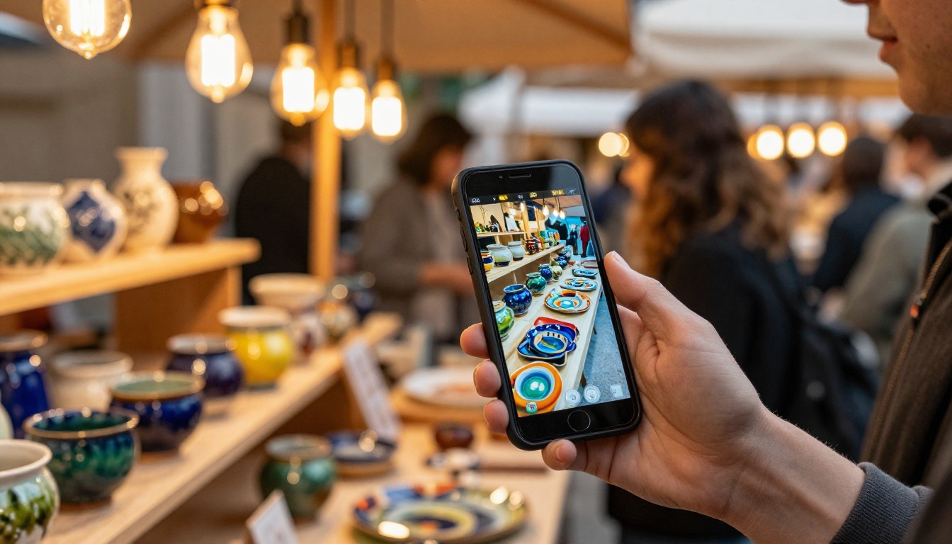 Customer at an indoor artisan market browsing a digital catalog on smartphone near colorful handmade pottery