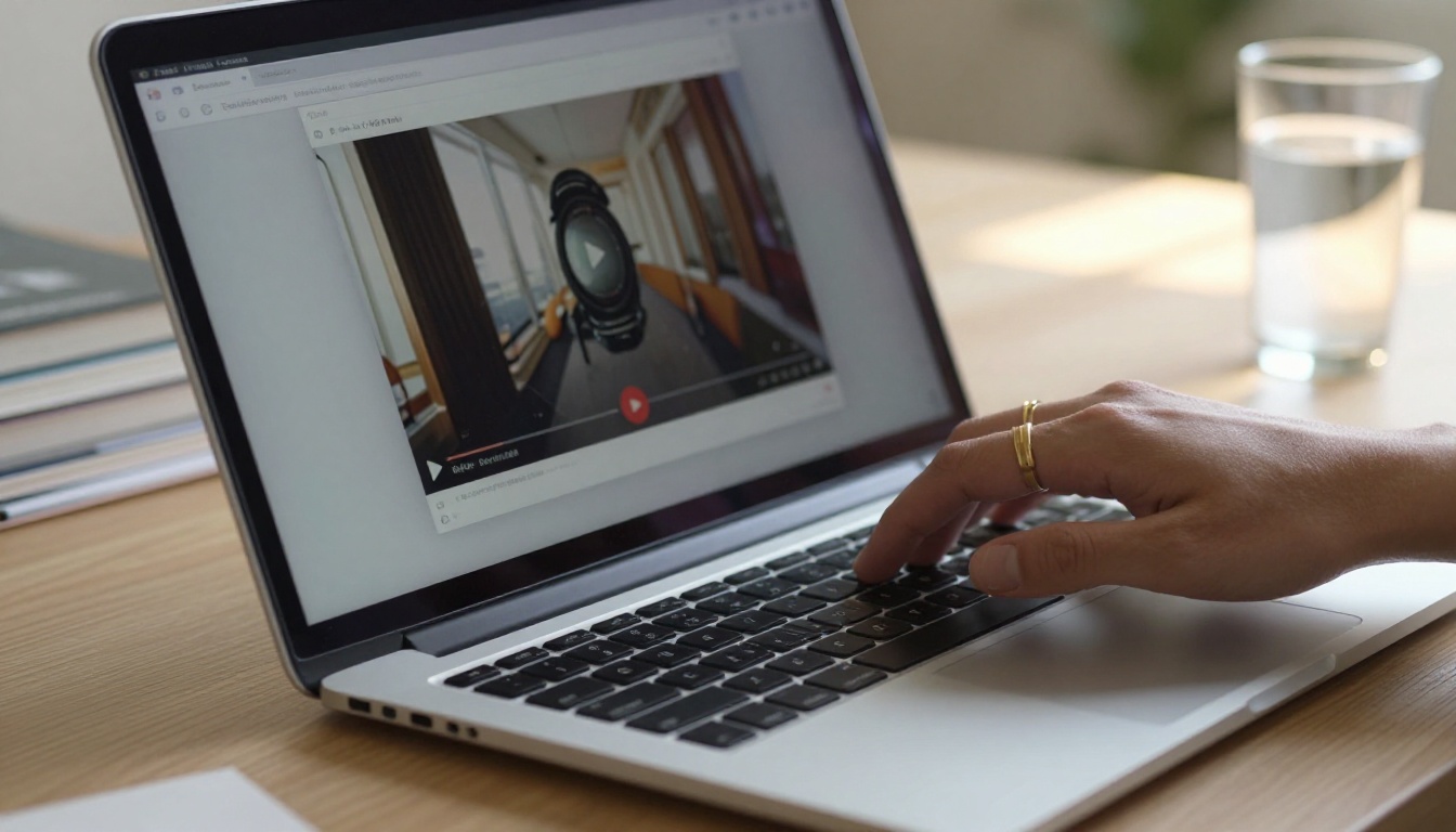 Close-up of a laptop screen showing a digital flipbook with an embedded video player and a hand hovering over the trackpad