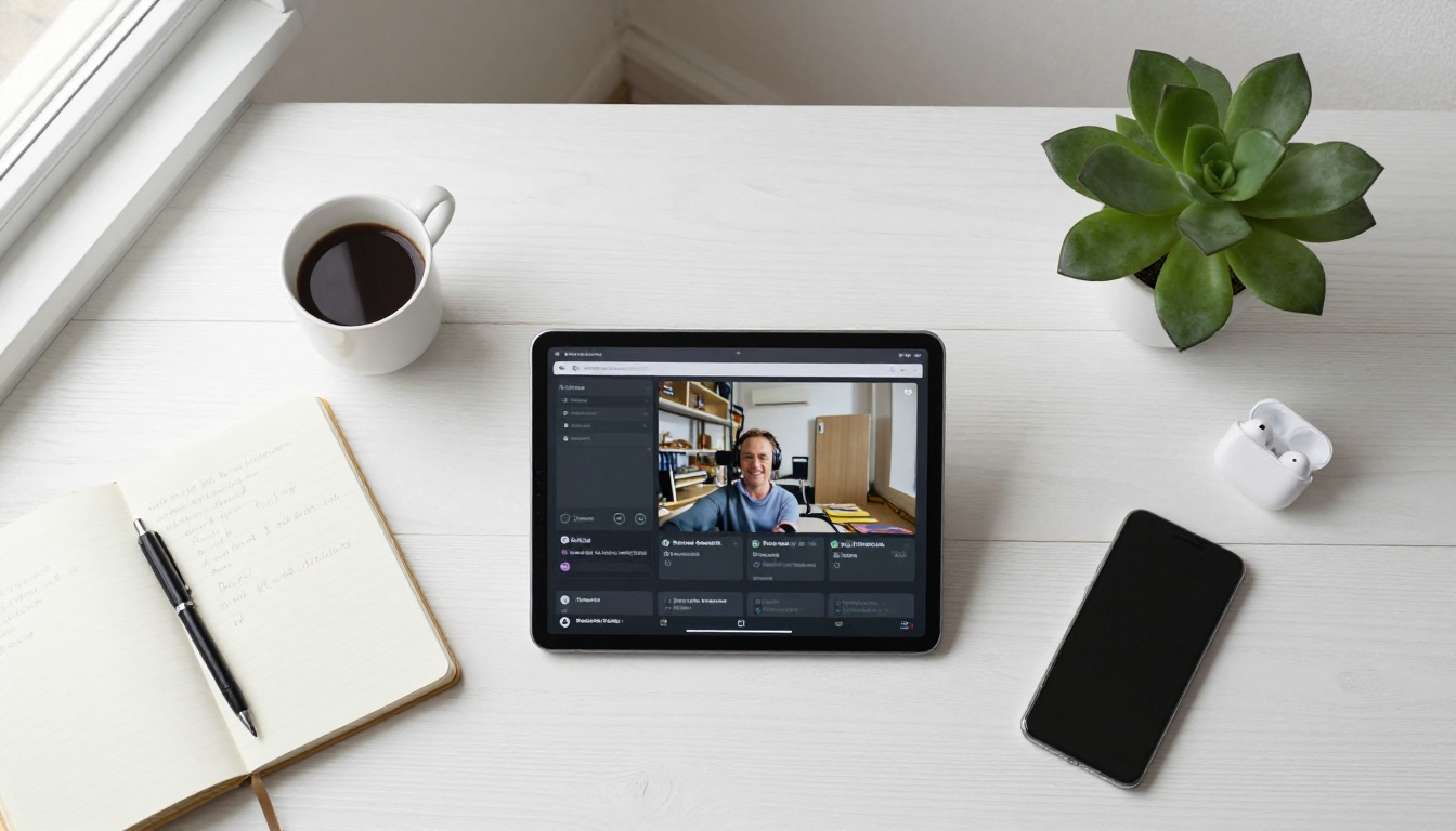 Aerial flat lay of a desk with a tablet showing a digital flipbook with a video thumbnail, surrounded by a notebook, coffee cup, and earbuds