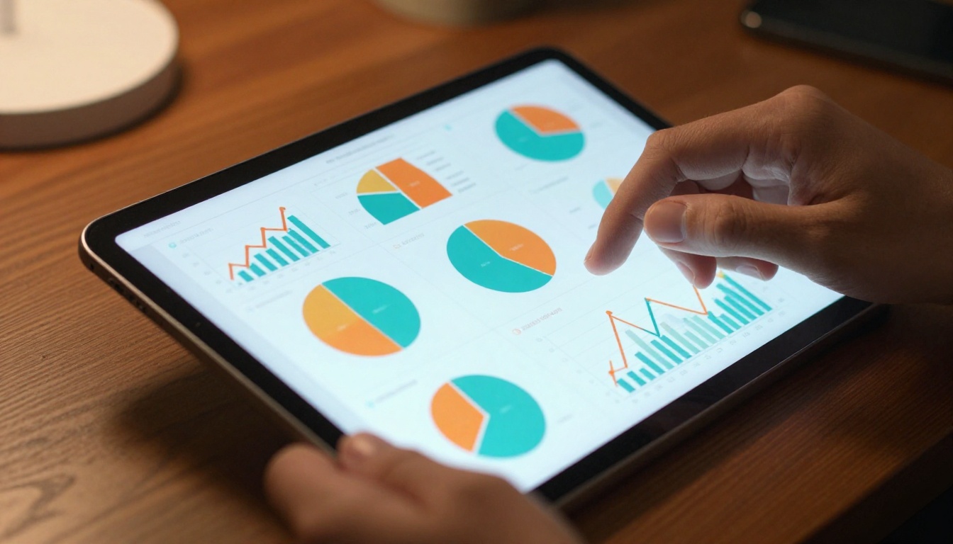 Annual report being reviewed on a tablet with colorful charts and graphs