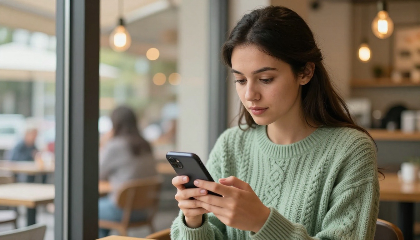 A young woman in a cafe viewing a digital flipbook with embedded video on her smartphone near a sunlit window