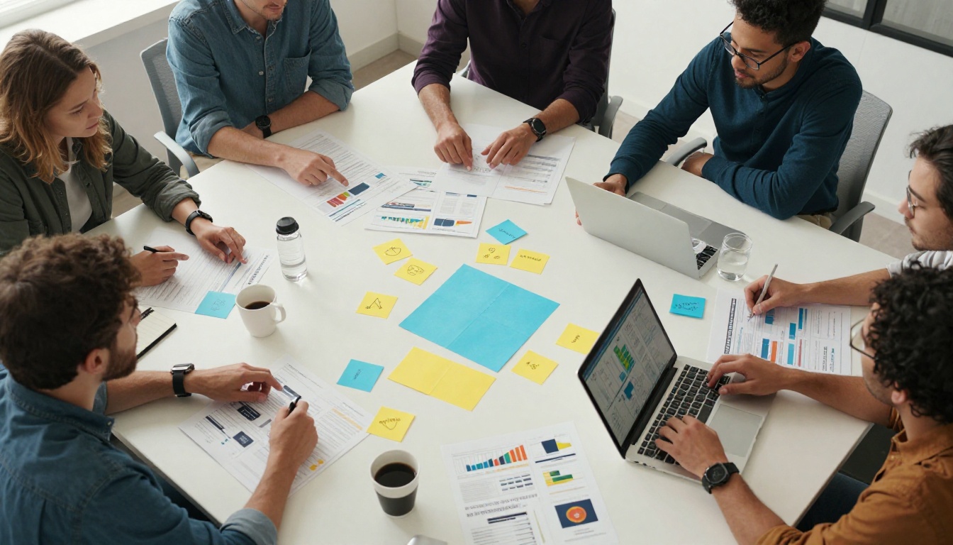 Creative team collaborating on annual report design around a conference table with laptops and printed drafts