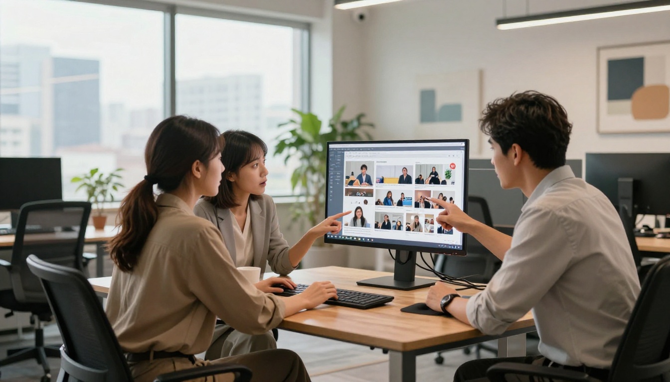 A marketing team gathered around a monitor reviewing interactive digital content with video in a bright modern office