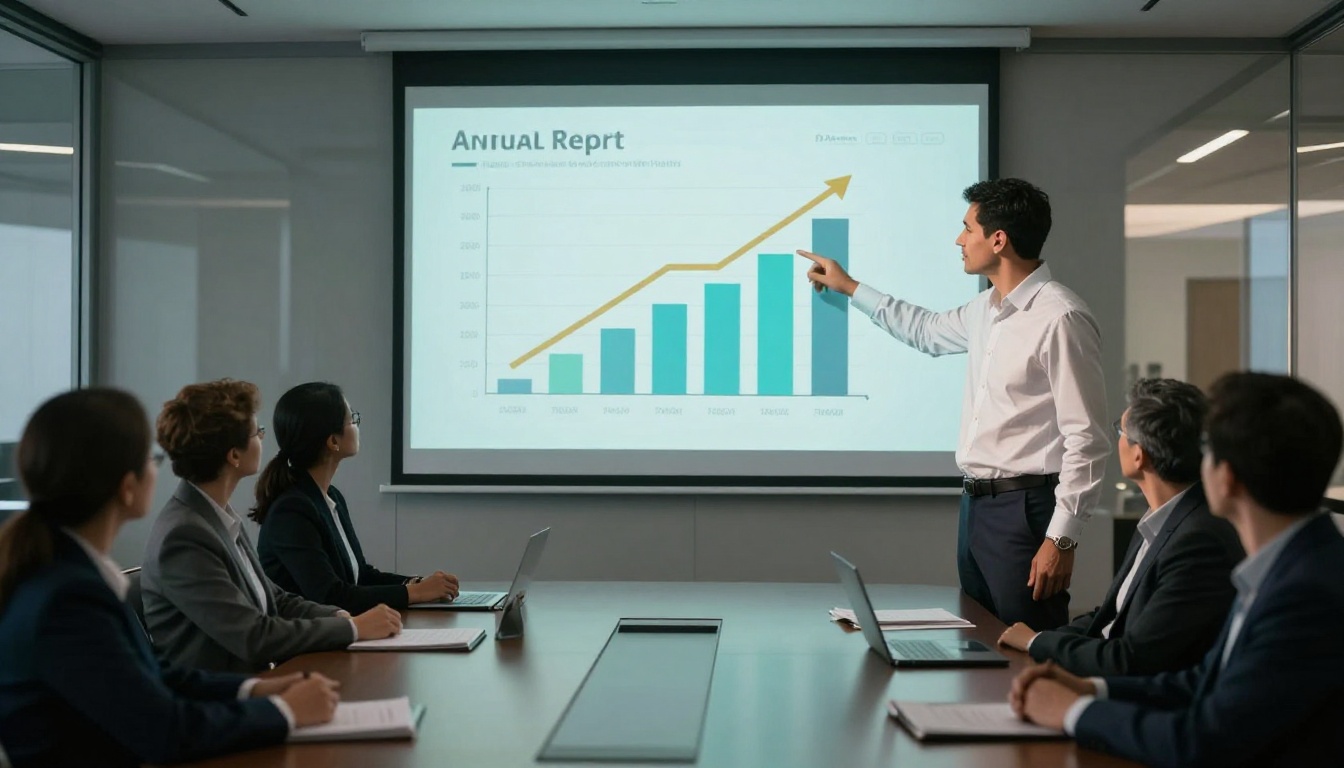 Corporate executive presenting annual report data to an engaged boardroom audience