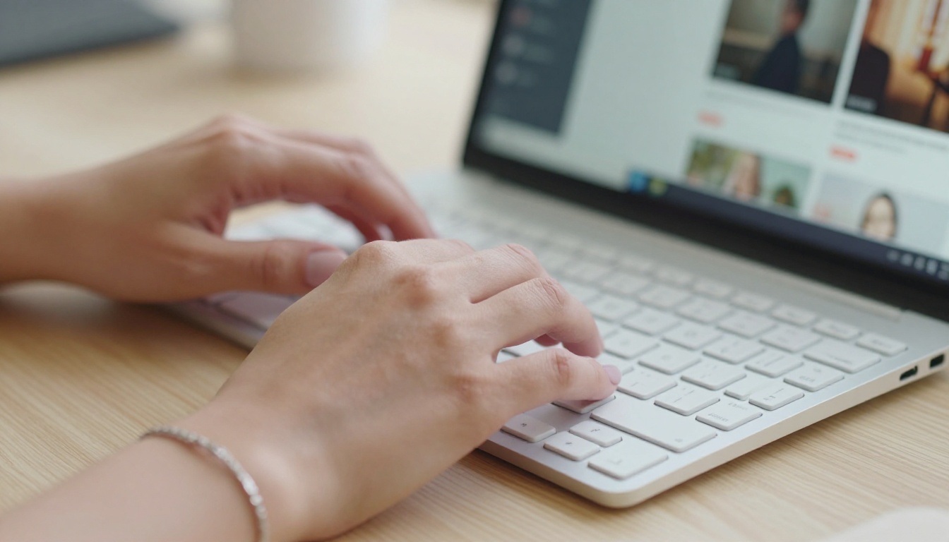 Close-up of a woman's hands typing on a white keyboard with a flipbook video upload interface visible on the monitor behind