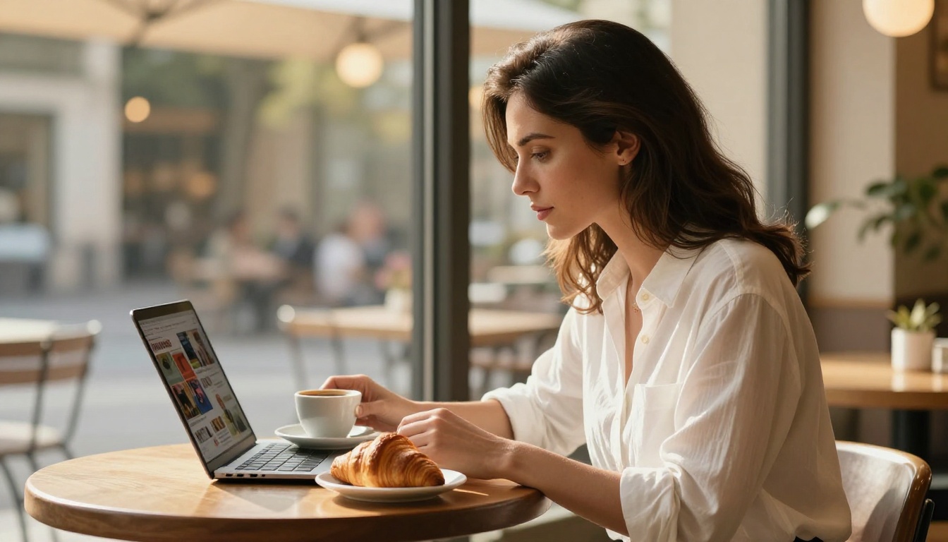 Side profile of an elegant woman in a cafe looking at a digital flipbook on her laptop beside an espresso cup in warm afternoon light