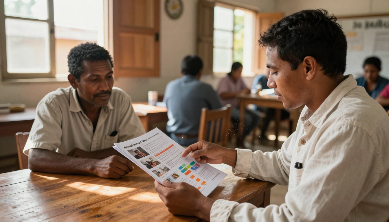Nonprofit worker sharing annual impact report with engaged community members in sunlit room