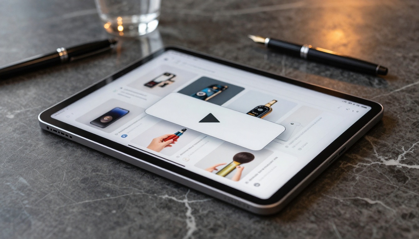 A product catalog flipbook on a dark marble surface showing a video thumbnail with a play button, alongside a fountain pen and glass of water
