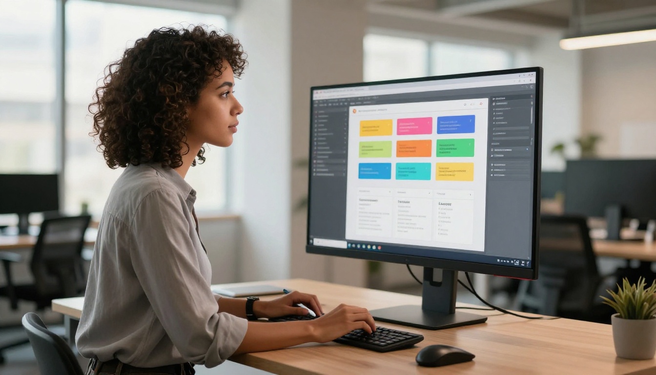 Young professional designing annual report on a wide curved monitor at a standing desk