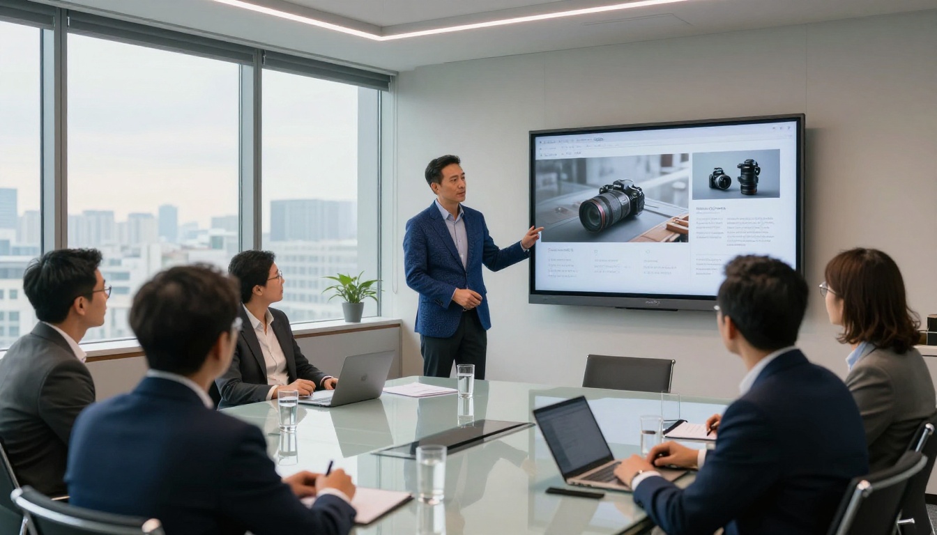 A professional man presenting a digital flipbook with embedded video on a large screen to five colleagues in a modern conference room