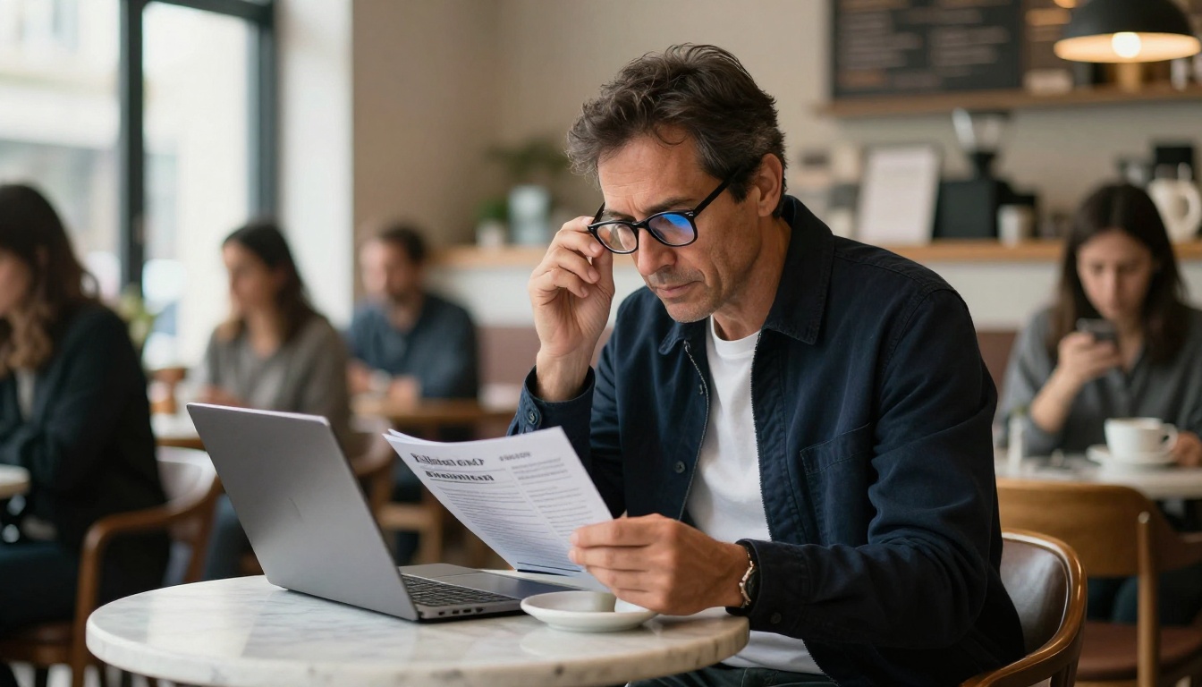 Investor reading an annual report on a laptop at a quiet coffee shop table