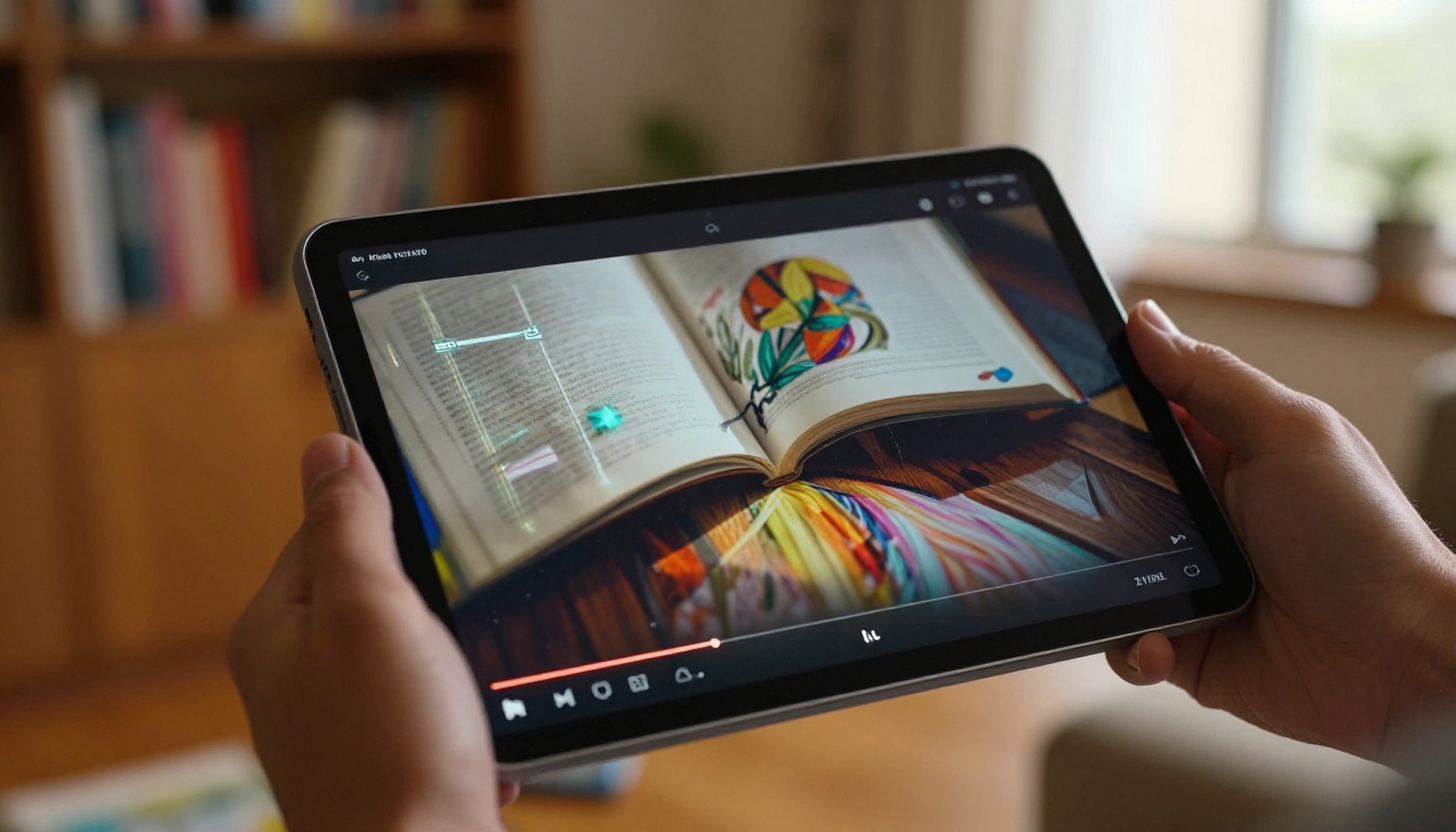Low-angle close-up of a tablet held in hands showing a digital flipbook spread with a video actively playing and a progress bar visible