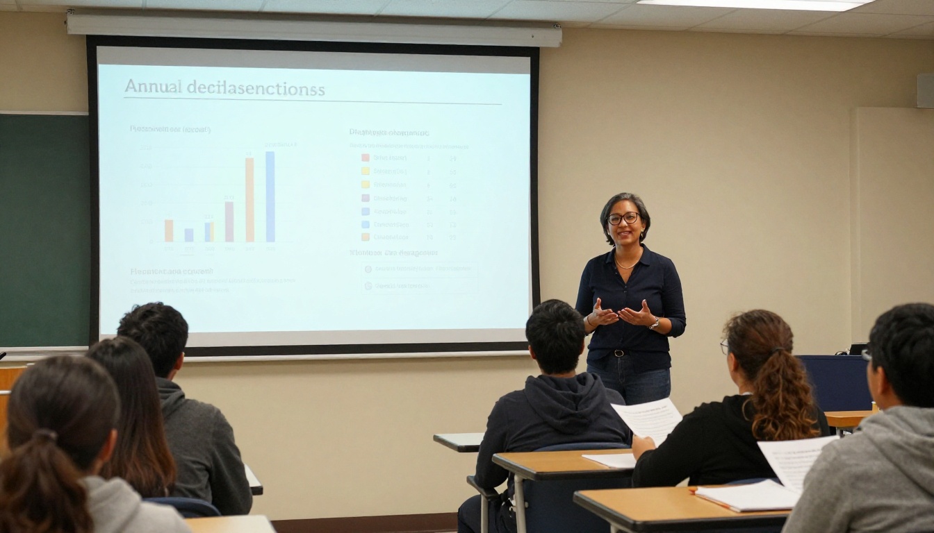 School administrator presenting annual report slides to parents and teachers in a meeting room