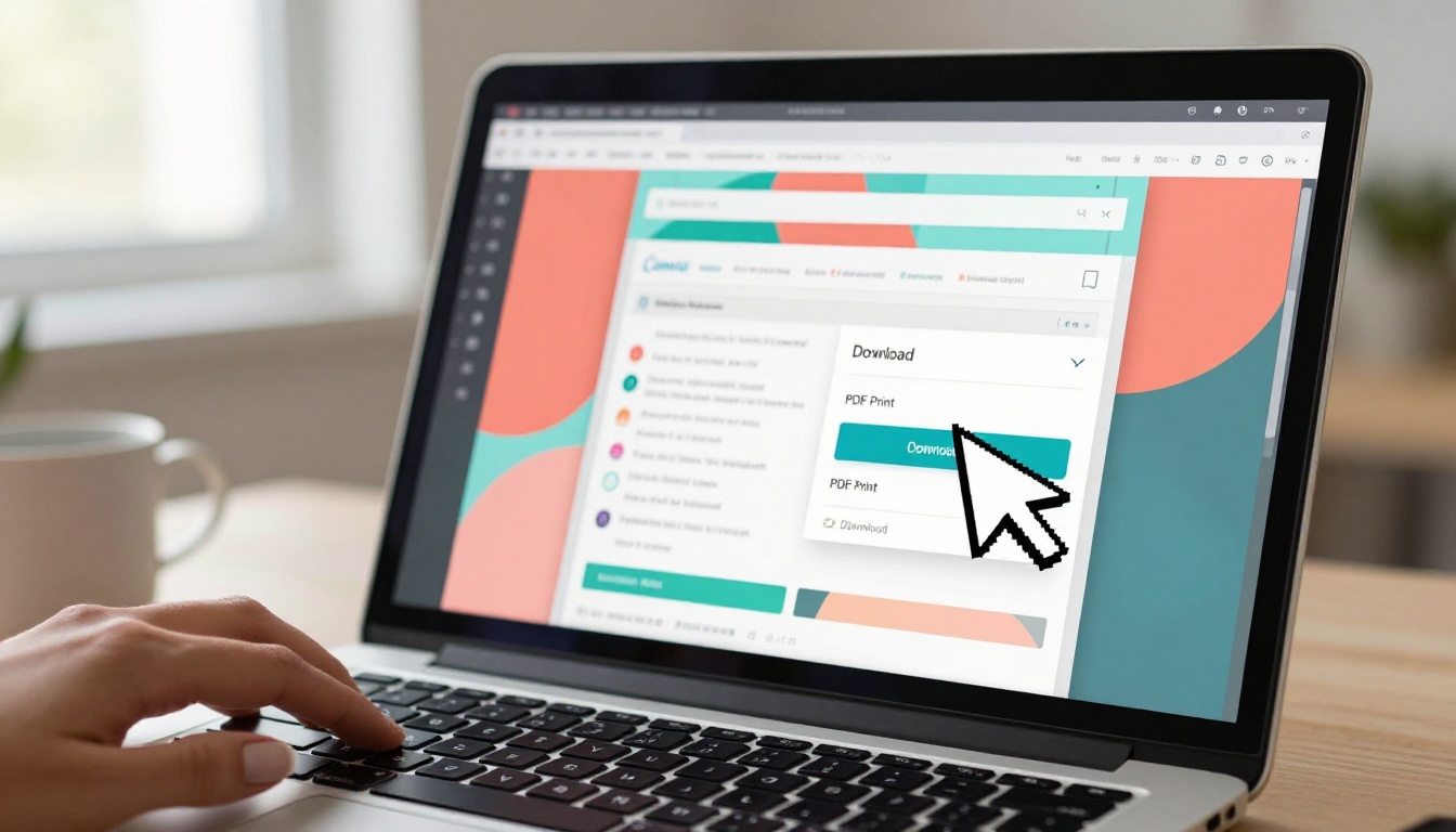 Canva design interface showing colorful multi-page layouts with PDF export option highlighted