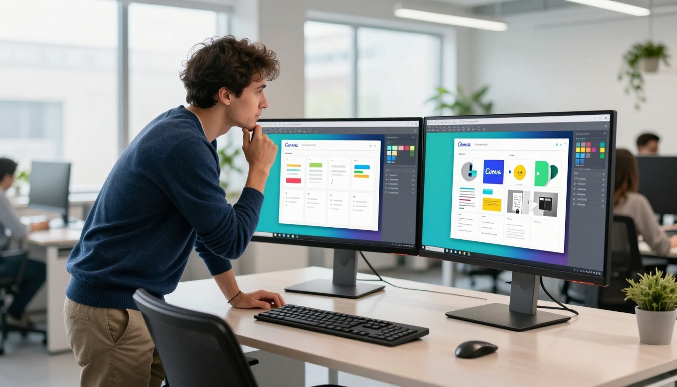 Creative professional comparing Canva design and digital flipbook on dual monitors