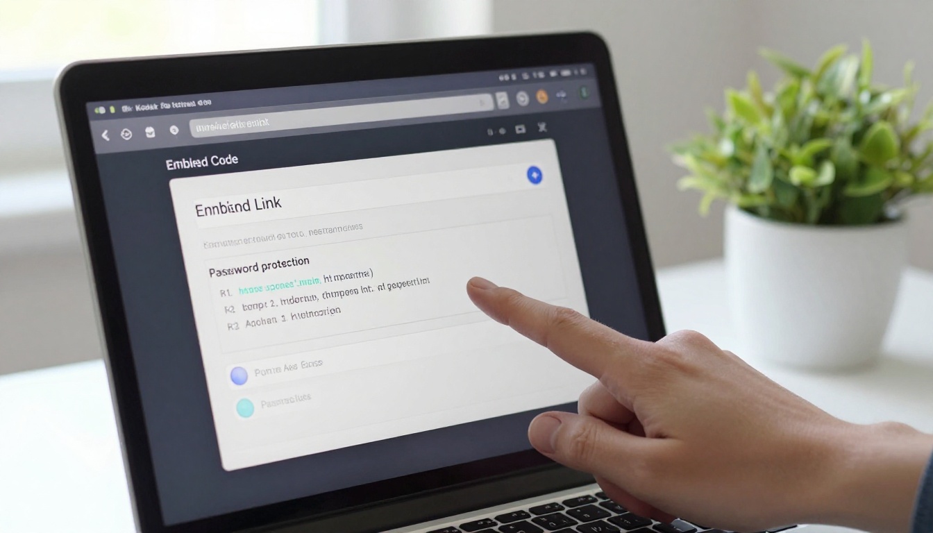 Laptop screen showing flipbook sharing interface with embed code, shareable link, and privacy settings
