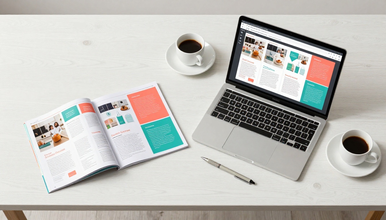 Flat lay of printed Canva design beside laptop showing the same design as a digital flipbook