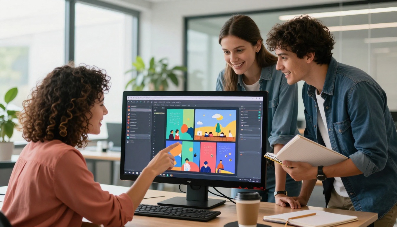 Team of three professionals reviewing a digital flipbook together on a large monitor in a bright modern office