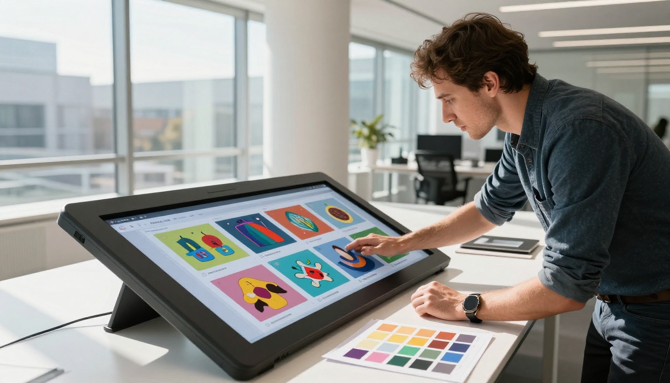 Digital designer reviewing colorful flipbook pages on a large touchscreen display table in a bright modern office