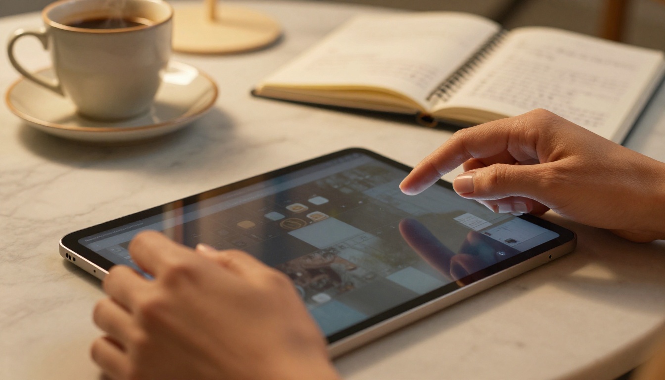 Close-up of hands scrolling through an interactive digital magazine on a tablet with coffee and notebook in background