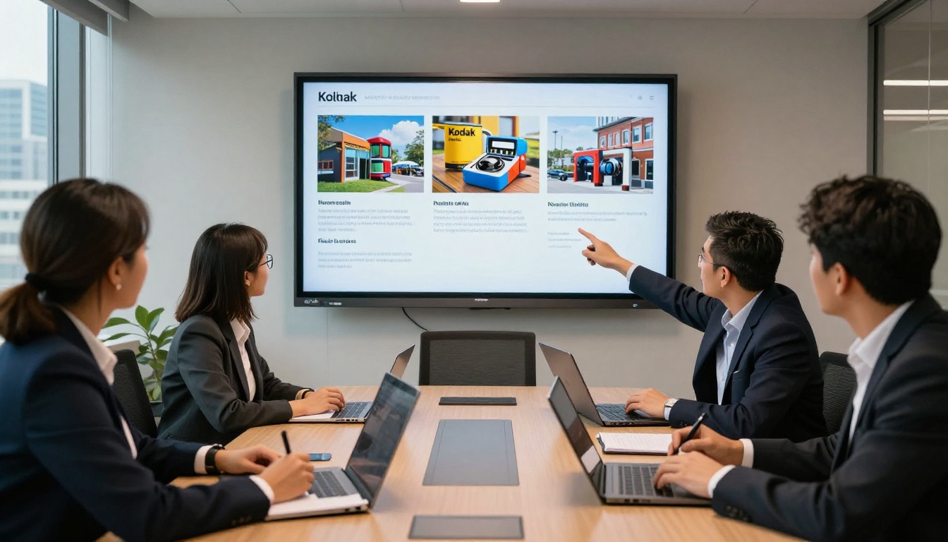 Diverse marketing team viewing a product catalog flipbook presentation projected in a corporate conference room