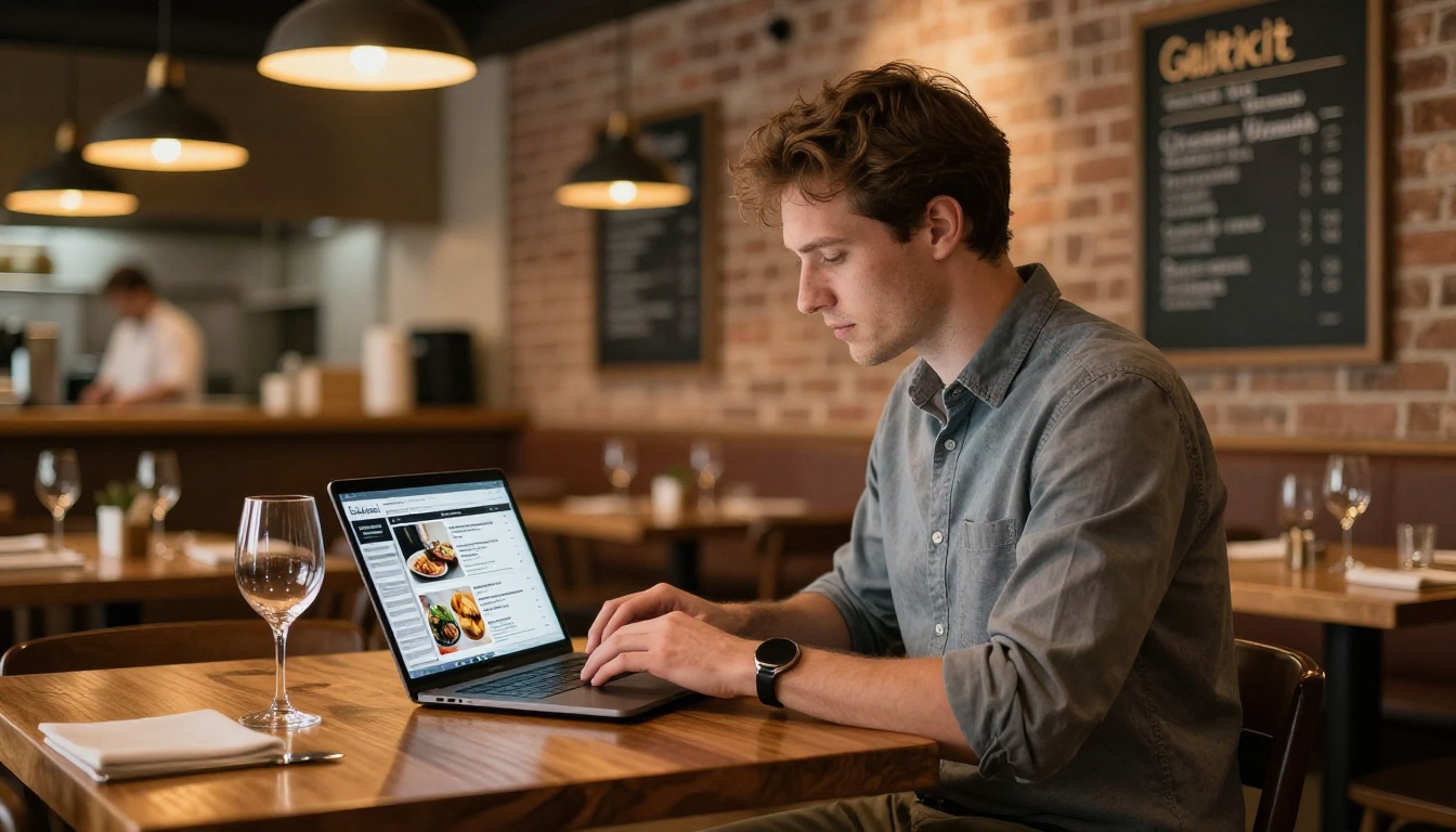Restaurant owner working on a digital menu flipbook on a laptop inside their warm bistro
