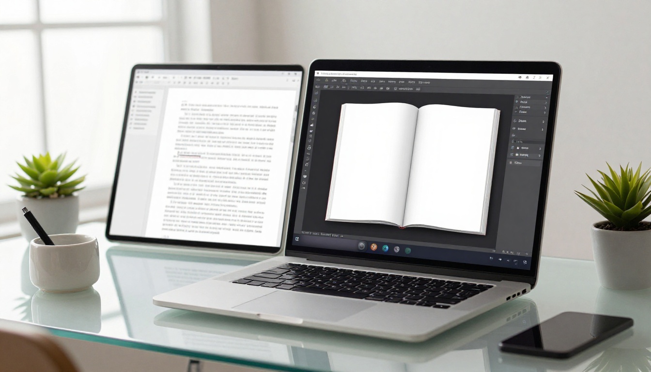 Laptop on a minimal glass desk showing a split-screen PDF and interactive flipbook preview mid-page-turn