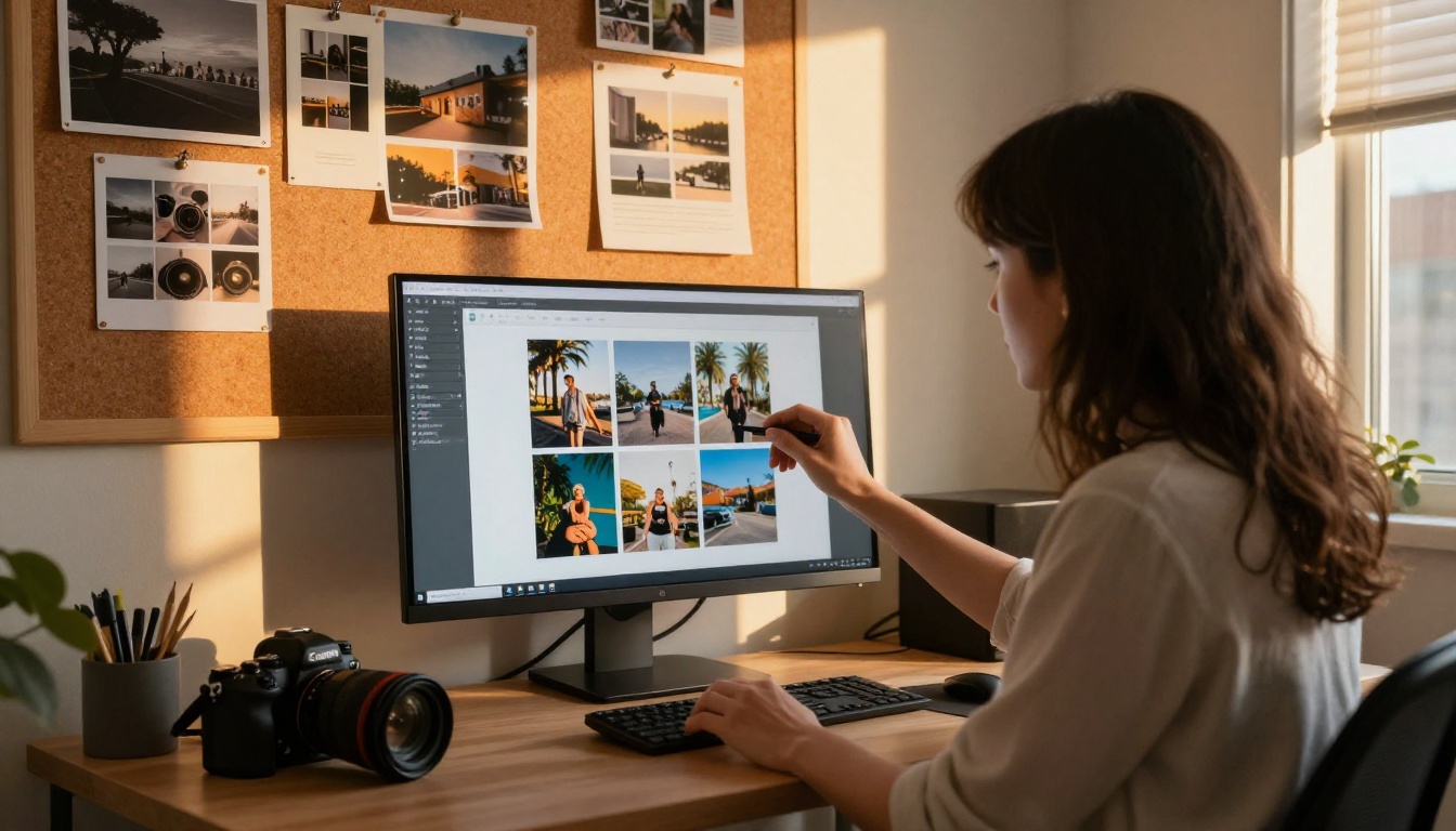 Photographer at a home office reviewing her portfolio flipbook on a monitor with photography prints on the cork board behind her