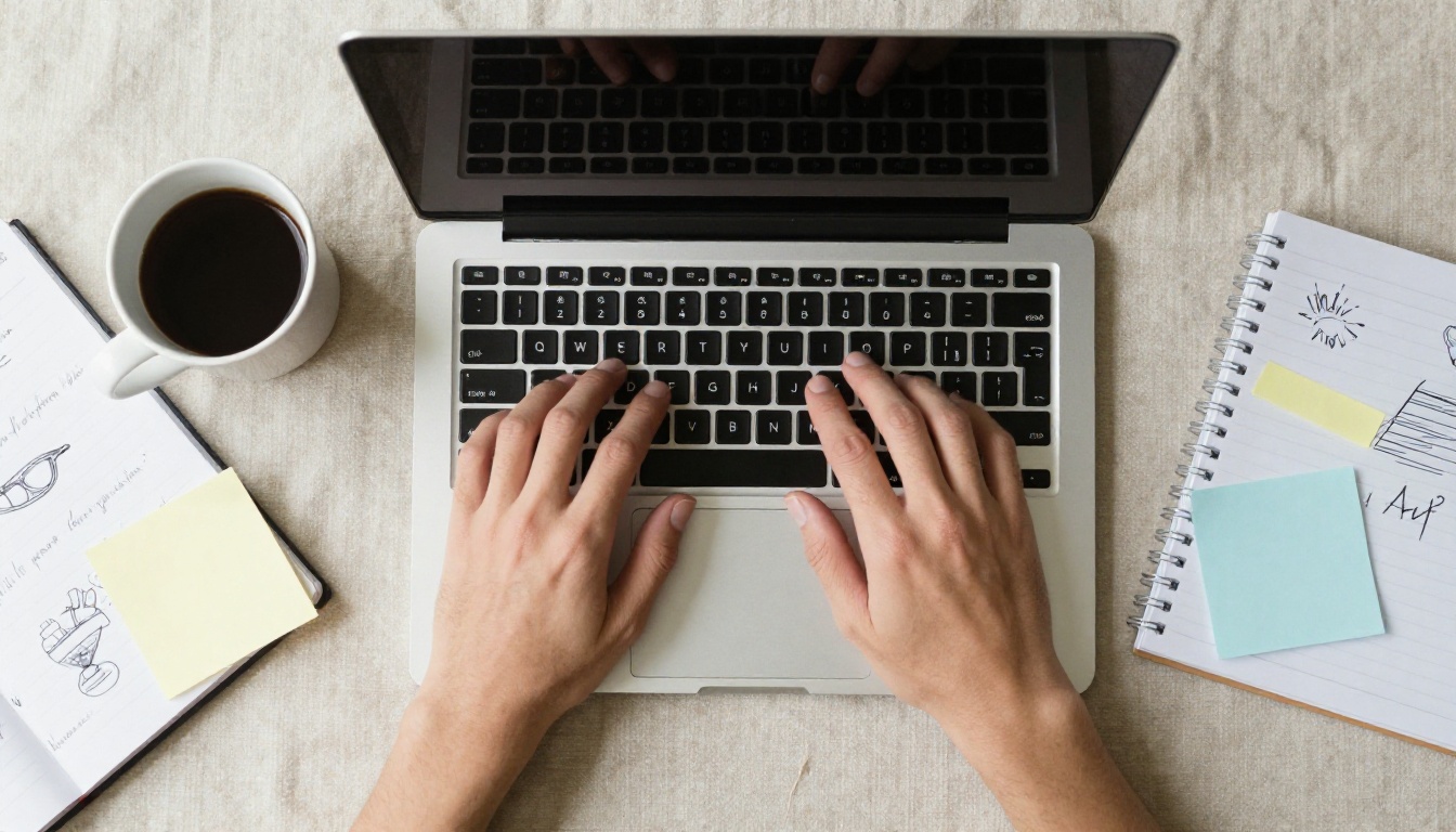 Aerial flat-lay of hands typing on a MacBook Pro with a white coffee cup and spiral design notebook on linen surface