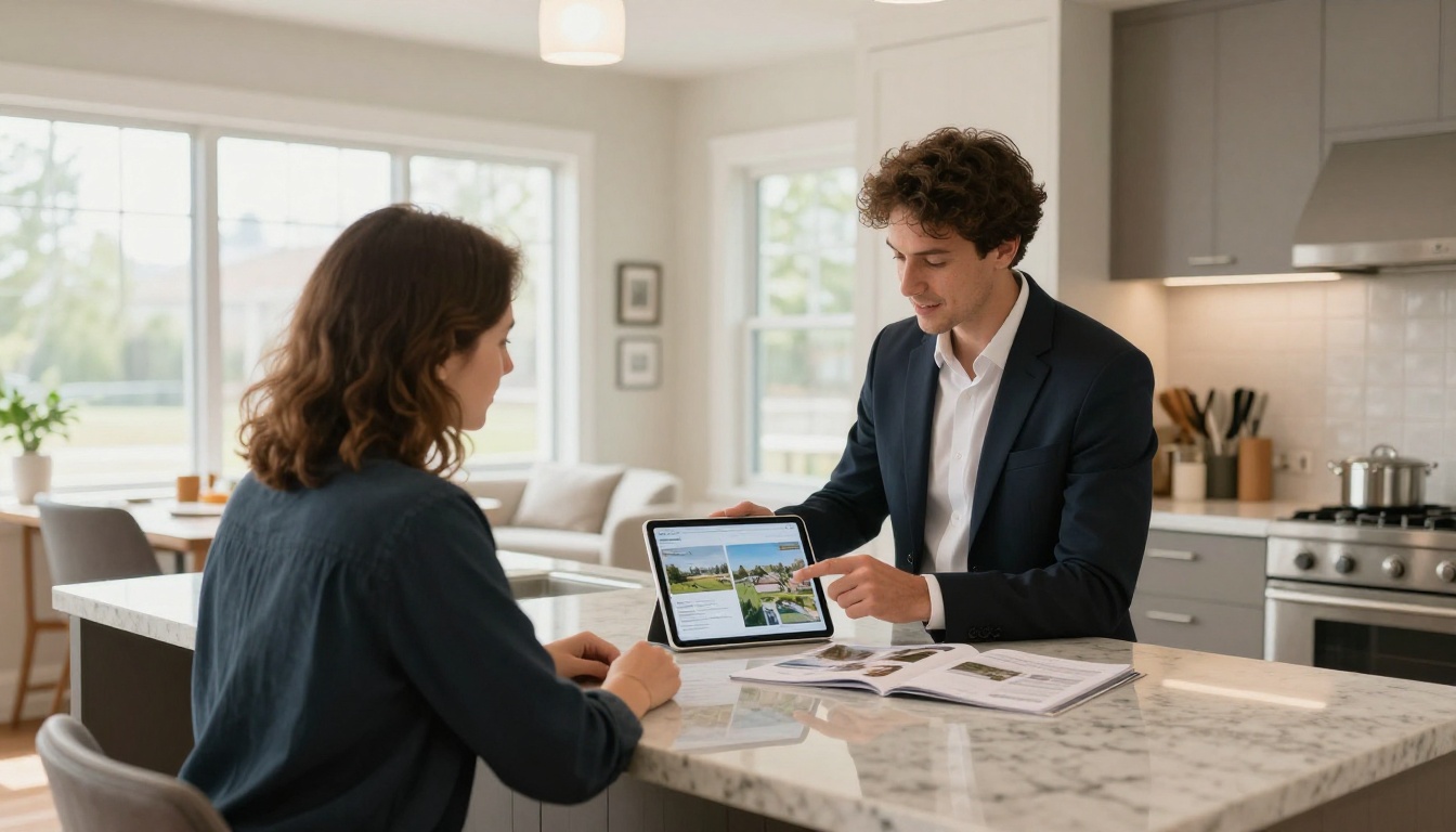 Real estate agent showing an interactive property brochure flipbook on an iPad to a young couple in a staged modern kitchen