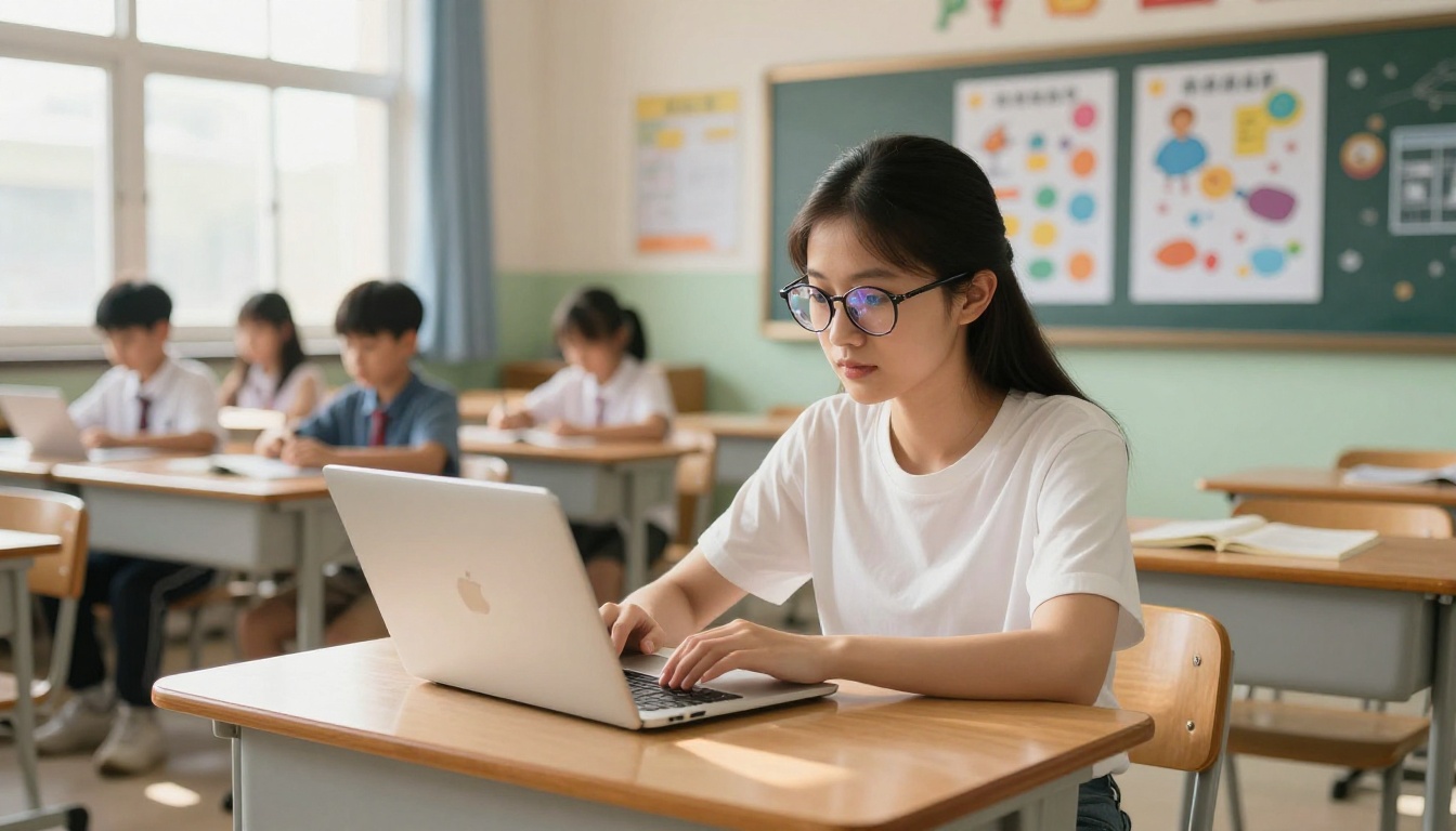 Female teacher preparing digital interactive course materials on a laptop at her desk in a bright classroom
