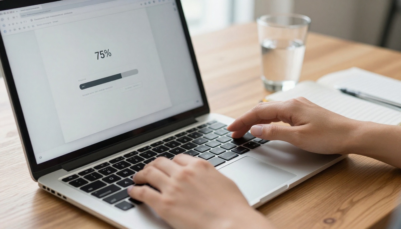 Close-up of hands uploading a PDF document on a laptop, progress bar visible on the browser screen Close-up of hands uploading a PDF document on a laptop, progress bar visible on the browser screen