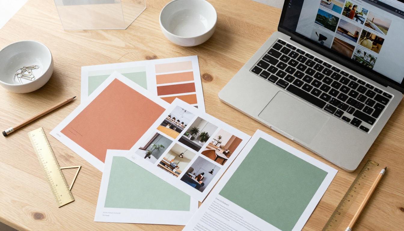 Aerial flat-lay of a creative designer's desk with mood boards, color swatches, and an eBook editor open on a laptop Aerial flat-lay of a creative designer's desk with mood boards, color swatches, and an eBook editor open on a laptop