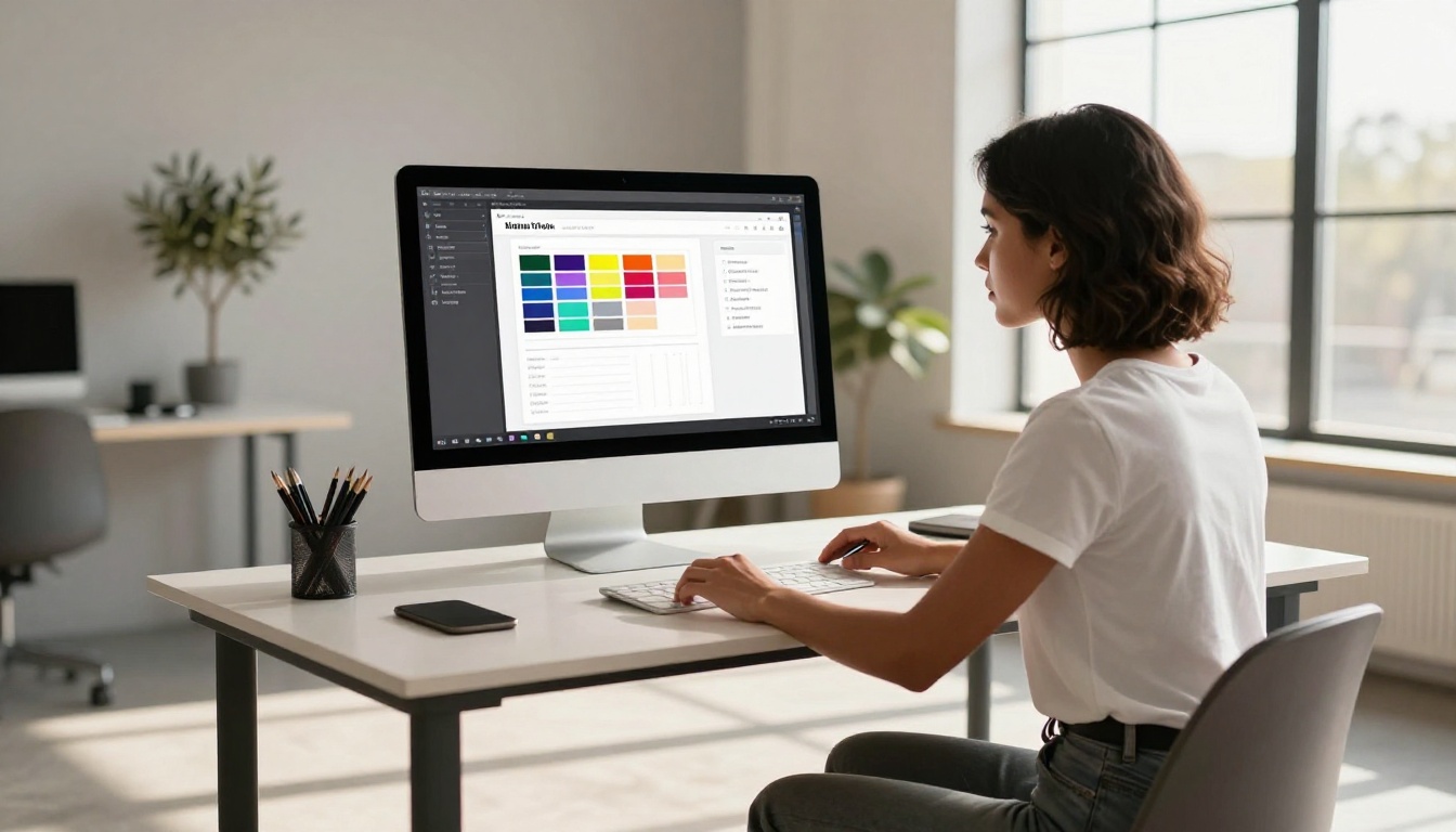 A woman at a standing desk customizing eBook pages on a large iMac in a bright open-plan studio A woman at a standing desk customizing eBook pages on a large iMac in a bright open-plan studio